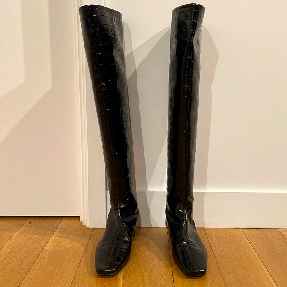 TOTEME - Black Leather Over The Knee Boots - Croc Effect - Size 36